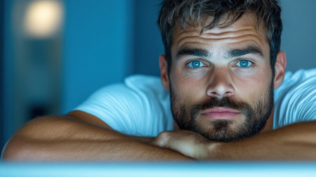 Man with blue eyes and beard gazes thoughtfully at the camera in a dimly lit room, AIの素材
