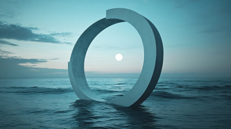 Majestic circular sculpture rises from the ocean at sunset, creating a serene scene, AIの素材