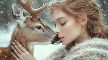 Young woman and deer share a serene moment in a snowy forest, AIの素材