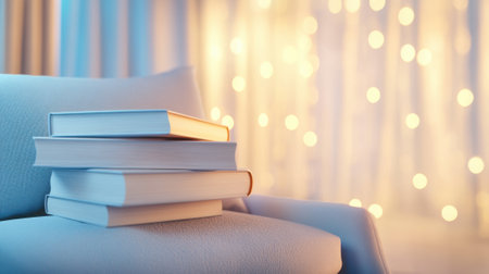 A cozy reading nook with a stack of books and warm fairy lights, AIの素材