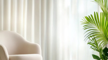 Cozy armchair beside a lush green plant in a serene, sunlit room, AIの素材