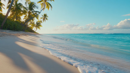 Tropical beach with palm trees and gentle waves under a clear blue sky, AIの素材