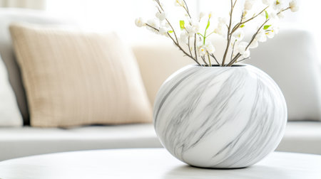 Elegant marble vase with delicate white flowers on a modern coffee table, AIの素材