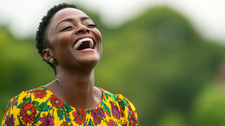 Joyful woman laughing in a vibrant floral dress outdoors, AIの素材