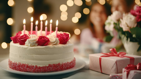 Elegant birthday cake adorned with roses and candles, surrounded by gifts, AIの素材