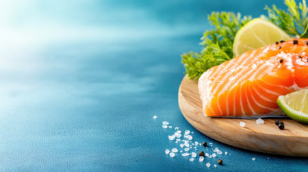 Fresh salmon fillet with lime and herbs on a wooden board against a blue background, AIの素材