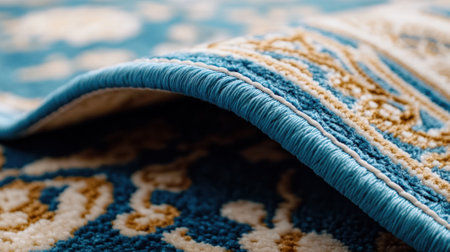 Intricate blue and beige carpet with detailed patterns and soft texture, AIの素材