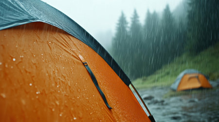 Orange tents in a rainy forest create a cozy camping atmosphere, AIの素材