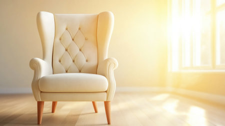 Elegant cream armchair bathed in warm sunlight by a window, AIの素材