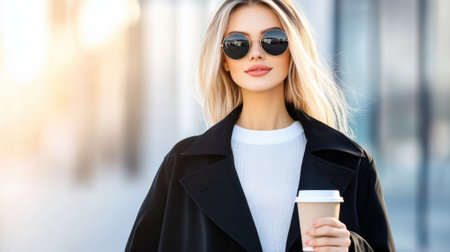 Stylish woman in sunglasses enjoying a coffee outdoors, AIの素材