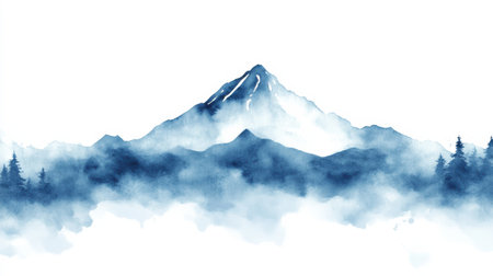 Majestic mountain peak in serene watercolor landscape with misty forest, AIの素材