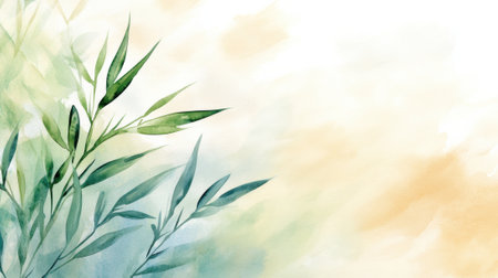 Watercolor bamboo leaves on a soft pastel background evoke tranquility and nature, AIの素材
