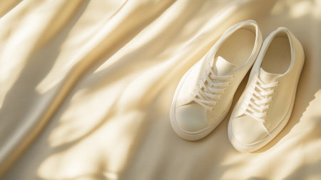 Cream-colored sneakers on soft fabric create a serene and minimalist aesthetic, AIの素材