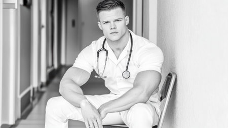 Young male nurse in a hospital corridor, wearing scrubs and a stethoscope, AIの素材