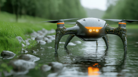 Futuristic drone hovers over a serene river, reflecting its sleek design in the water, AIの素材