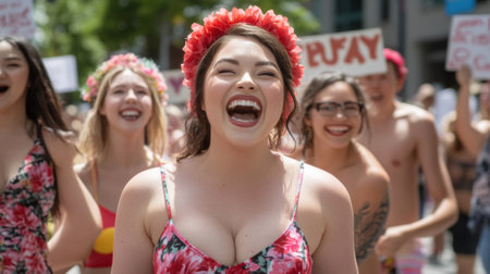 Joyful participants in a vibrant parade celebrate with laughter and floral attire, AIの素材