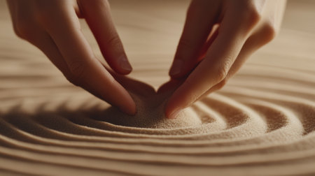 Hands gently shape patterns in soft sand, creating a calming and meditative scene, AIの素材