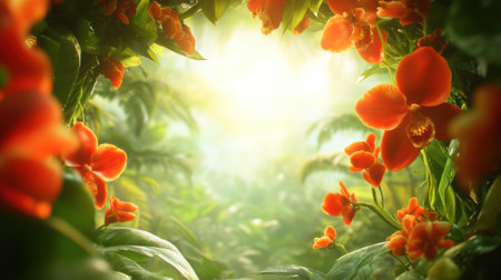 Vibrant orange orchids bloom amidst lush green foliage in a sunlit tropical paradise, AIの素材