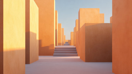 Geometric architecture bathed in warm sunlight creates a serene, abstract landscape, AIの素材