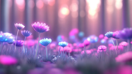 Dreamlike meadow with vibrant pink and purple flowers under a soft, glowing light, AIの素材