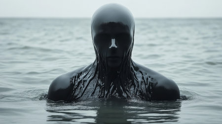Mysterious figure emerges from the water, cloaked in a glossy, dark substance, AIの素材