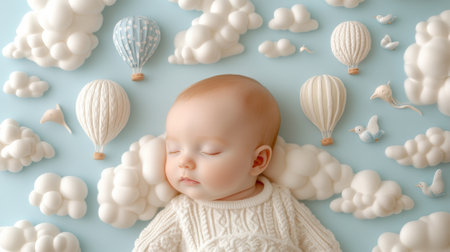 Baby peacefully sleeps among fluffy clouds and whimsical hot air balloons, AIの素材