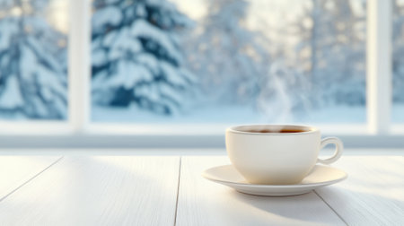 Steaming cup of coffee on a table with a snowy winter landscape outside the window, AIの素材