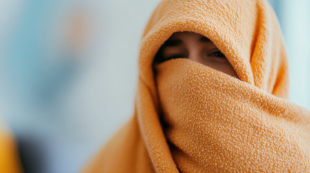 A person wrapped in a cozy orange blanket with only their eyes visible, AIの素材