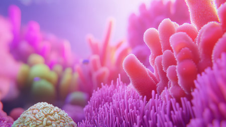 Vibrant coral reef teeming with colorful marine life under soft, diffused sunlight, AIの素材