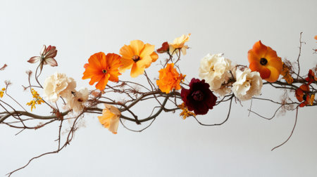 A delicate floral arrangement with vibrant orange, white, and deep red flowers on a vine, AIの素材
