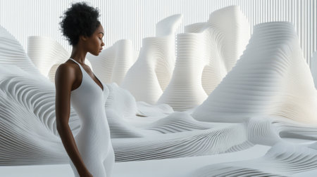 Woman in white against abstract, flowing white structures, AIの素材