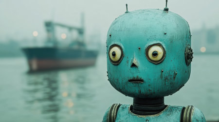 A weathered blue robot gazes at a misty harbor, evoking a sense of curiosity and nostalgia, AIの素材