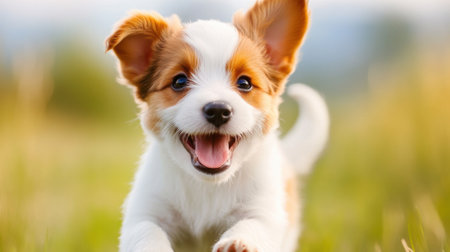 Playful puppy joyfully runs through a sunlit meadow, exuding energy and happiness, AIの素材