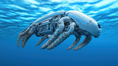 Futuristic robotic crustacean glides through the oceans depths with mechanical precision, AIの素材