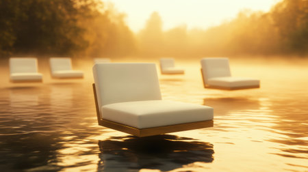 Floating chairs create a surreal scene on a tranquil, misty lake at sunrise, AIの素材