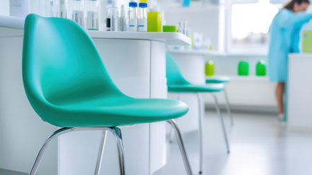 Modern laboratory with teal chairs and scientific equipment on white counters, AIの素材