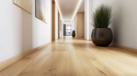 Sleek modern hallway with wooden flooring and potted plants creating a serene ambiance, AIの素材