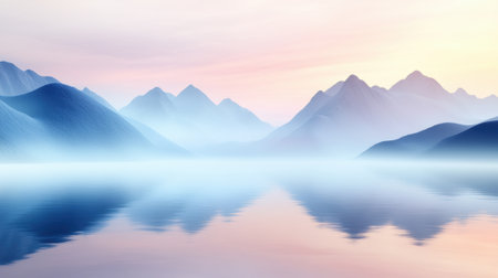 Serene mountain landscape with misty reflections on a tranquil lake at sunrise, AIの素材