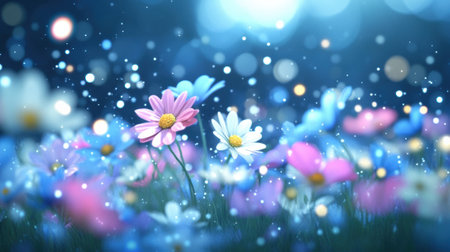 Dreamy meadow with colorful daisies under a starry night sky, AIの素材
