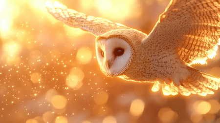 Majestic barn owl soars through a golden, sparkling sunset sky, AIの素材