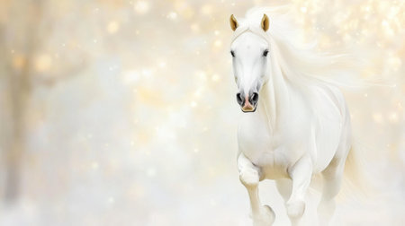 White horse galloping through a dreamy, ethereal landscape with soft golden light, AIの素材