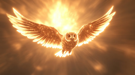 A luminous owl soars through a radiant, golden sky, wings spread wide in majestic flight, AIの素材