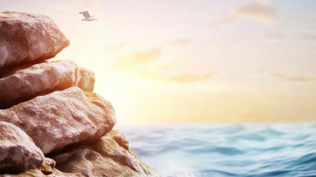Seagull soaring over rocky cliffs by the ocean at sunrise, AIの素材