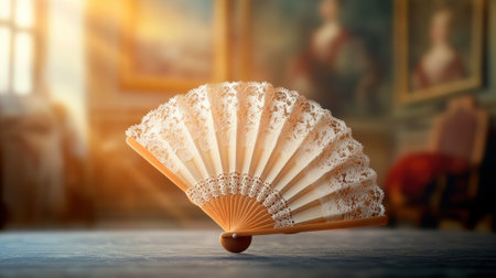 Elegant lace fan displayed in a sunlit vintage room, AIの素材