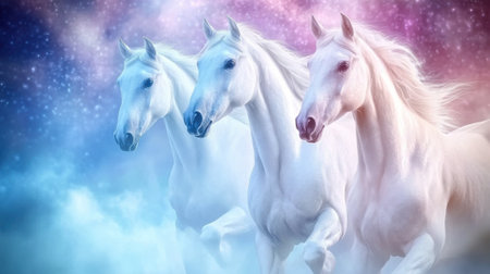 Majestic white horses gallop through a dreamy, colorful cosmic landscape, AIの素材
