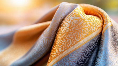 Elegant silk fabric with intricate patterns in gold and silver hues, AIの素材