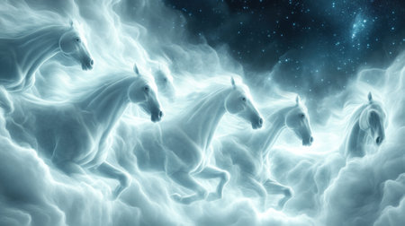 Majestic ethereal horses gallop through a celestial sky, merging with swirling clouds, AIの素材