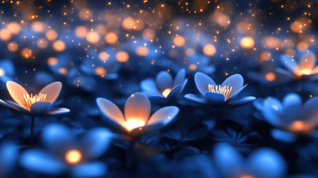 Glowing flowers illuminate a mystical night garden with a serene, enchanting ambiance, AIの素材