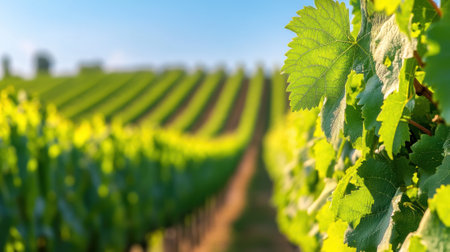 Vibrant vineyard with lush green grape leaves basking in the warm sunlight, AIの素材