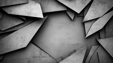 Abstract geometric shapes create a dynamic, layered composition in grayscale tones, AIの素材